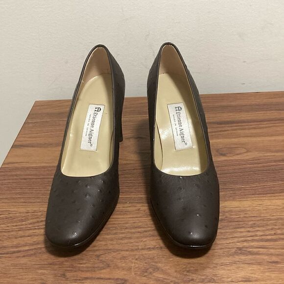Etienne Aigner NWOT Dreamer Brown Ostrich Embossed Leather Pumps. Size 8.5 M. - Picture 1 of 8